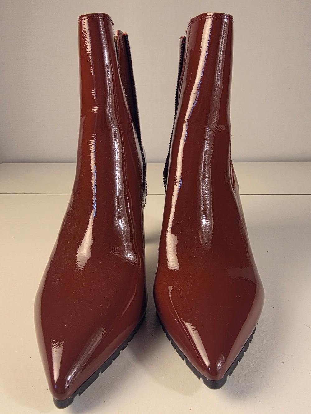 Donald J. Pliner Glossy Rust Patent Pointed Toe Ankle Booties